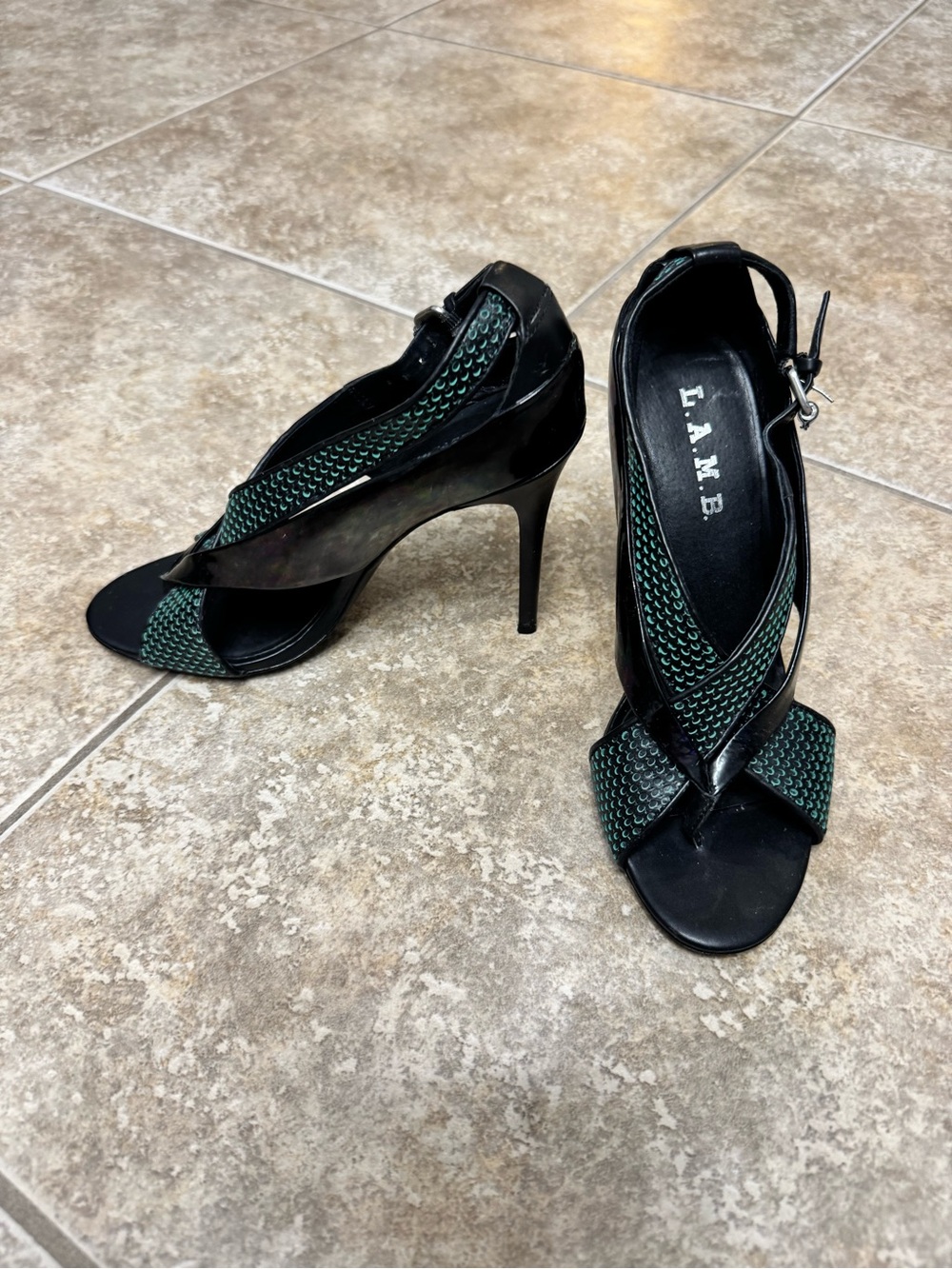 L.A.M.B. Black and Green Open-Toe Stiletto Heels